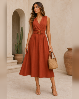 Vestido Serena — Midi em Linho Terracota